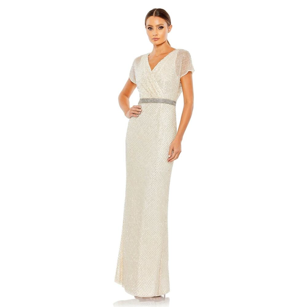 Mac Duggal 93678 Glitter Accented Fully Embellished Column Dress Nude Size 4 NWT